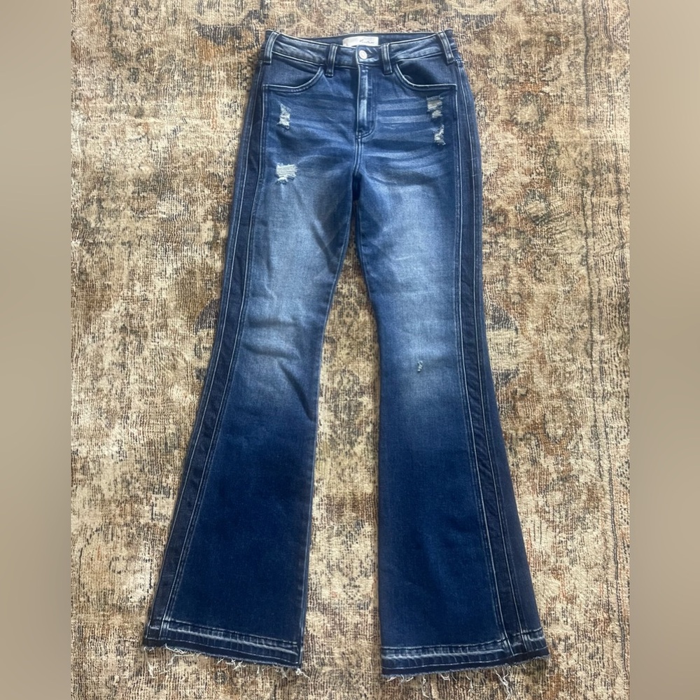 Kan Can High Waist side stripe flare Jeans size 27 raw hem denim